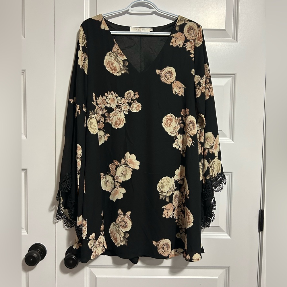 Astr Black Shift V-Neck Pull Over Dress with Floral Design